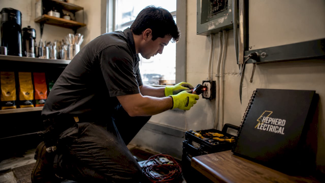 Electrician inspecting commercial electrical outlet