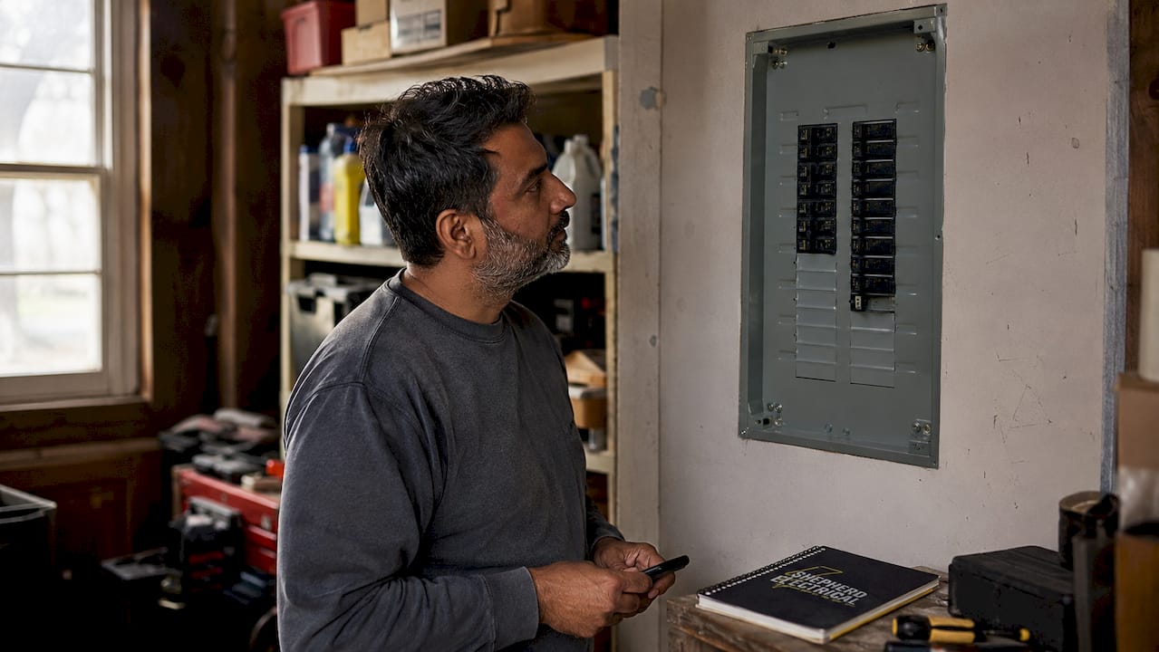 Man inspecting home electrical panel