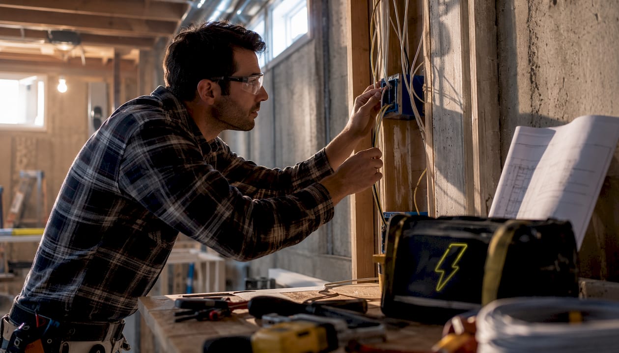 Electrician inspecting rough-in wiring at home
