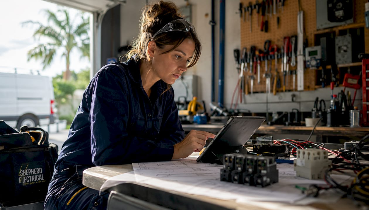 Electrician reviewing electrical panel upgrade documents