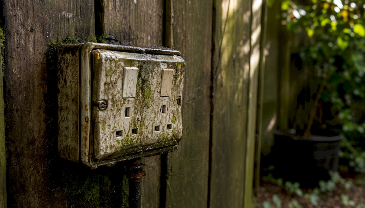 Corroded outdoor outlet with moisture damage