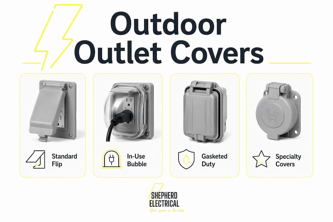 Infographic showing types of outdoor outlet covers