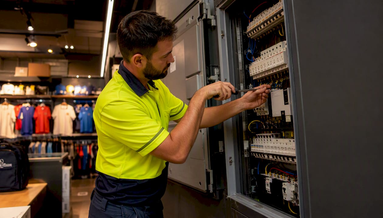 Technician installing surge protector in retail electrical panel