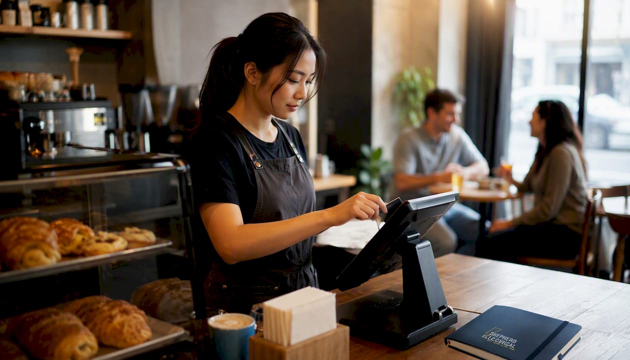 Cashier using POS terminal at retail checkout counter