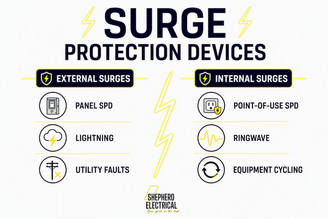 Infographic comparing external vs internal surge protection devices