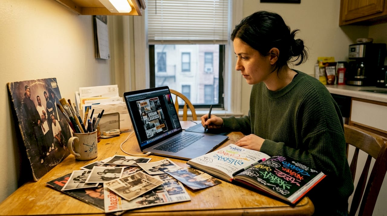 Designer creating hip hop album cover at table