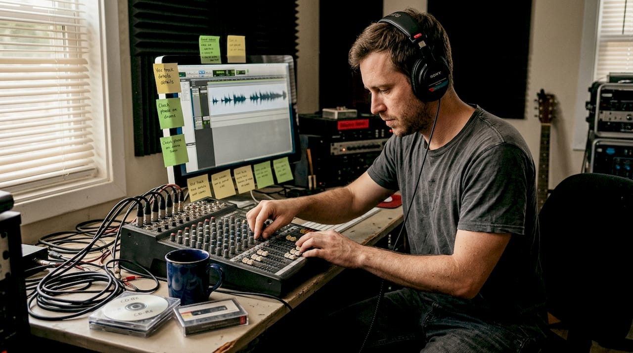 Engineer adjusts analog mixer in home studio