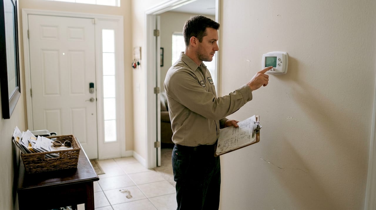 Technician adjusting wall thermostat in entryway