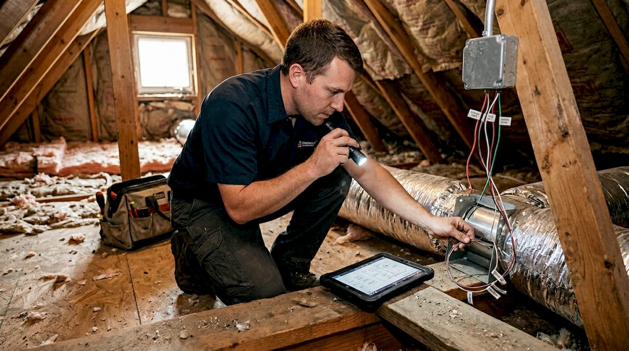 HVAC technician inspecting ductwork for zoning