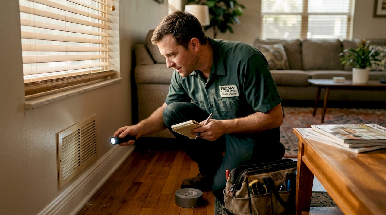 Technician inspecting living room air vent