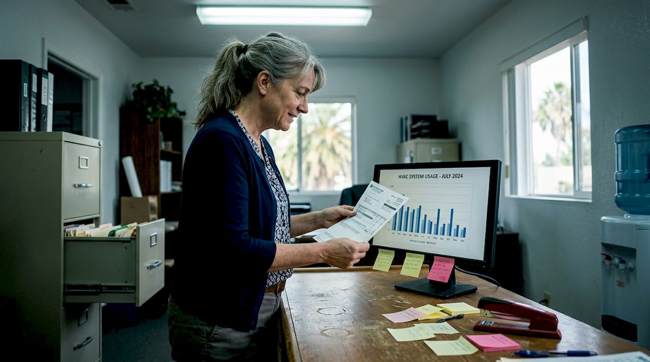 Manager comparing energy bill to HVAC usage chart