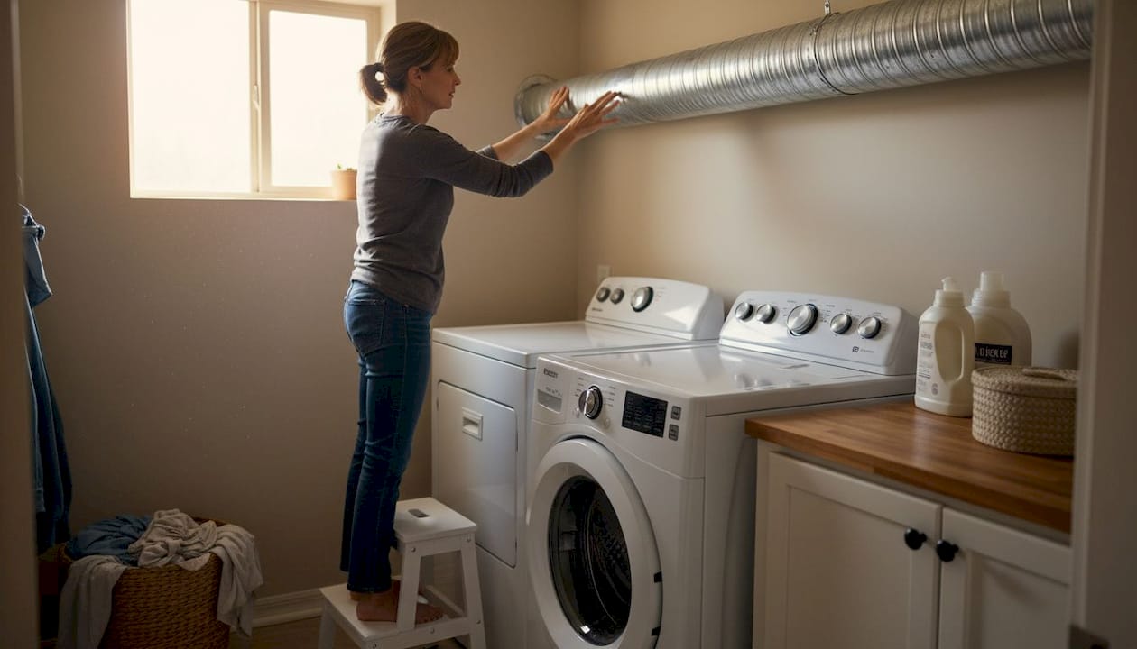 Homeowner sealing air duct in laundry room