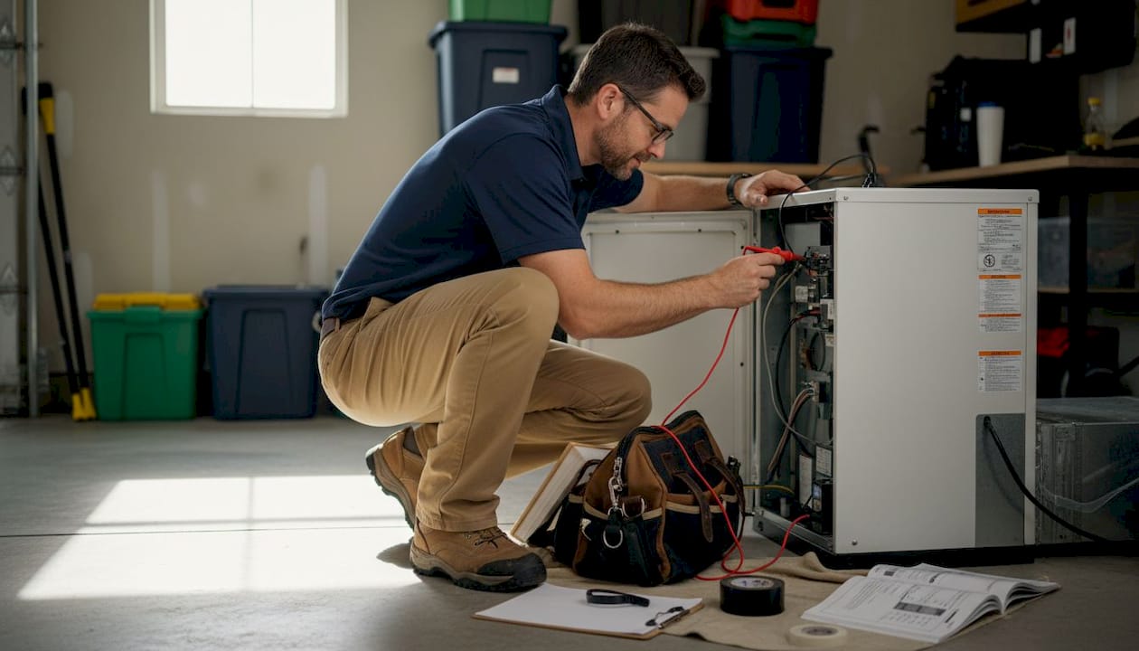 Technician checks AC air handler with multimeter