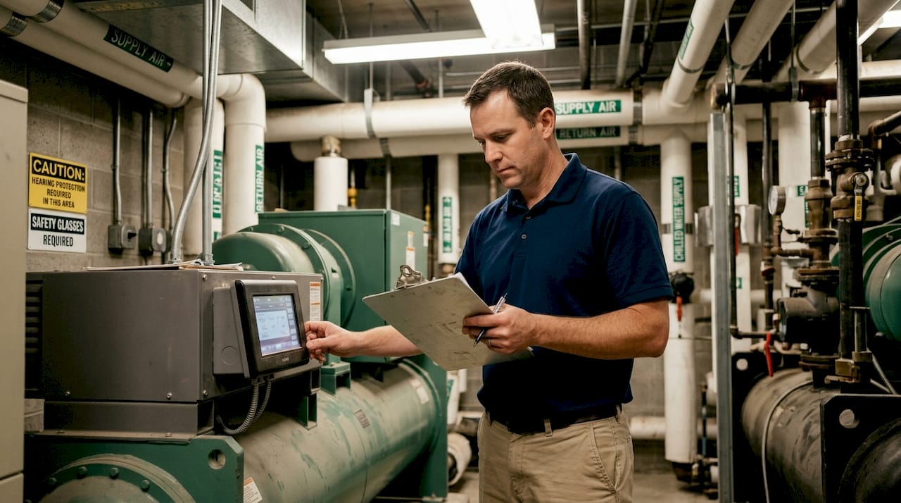Facilities manager inspecting commercial HVAC system