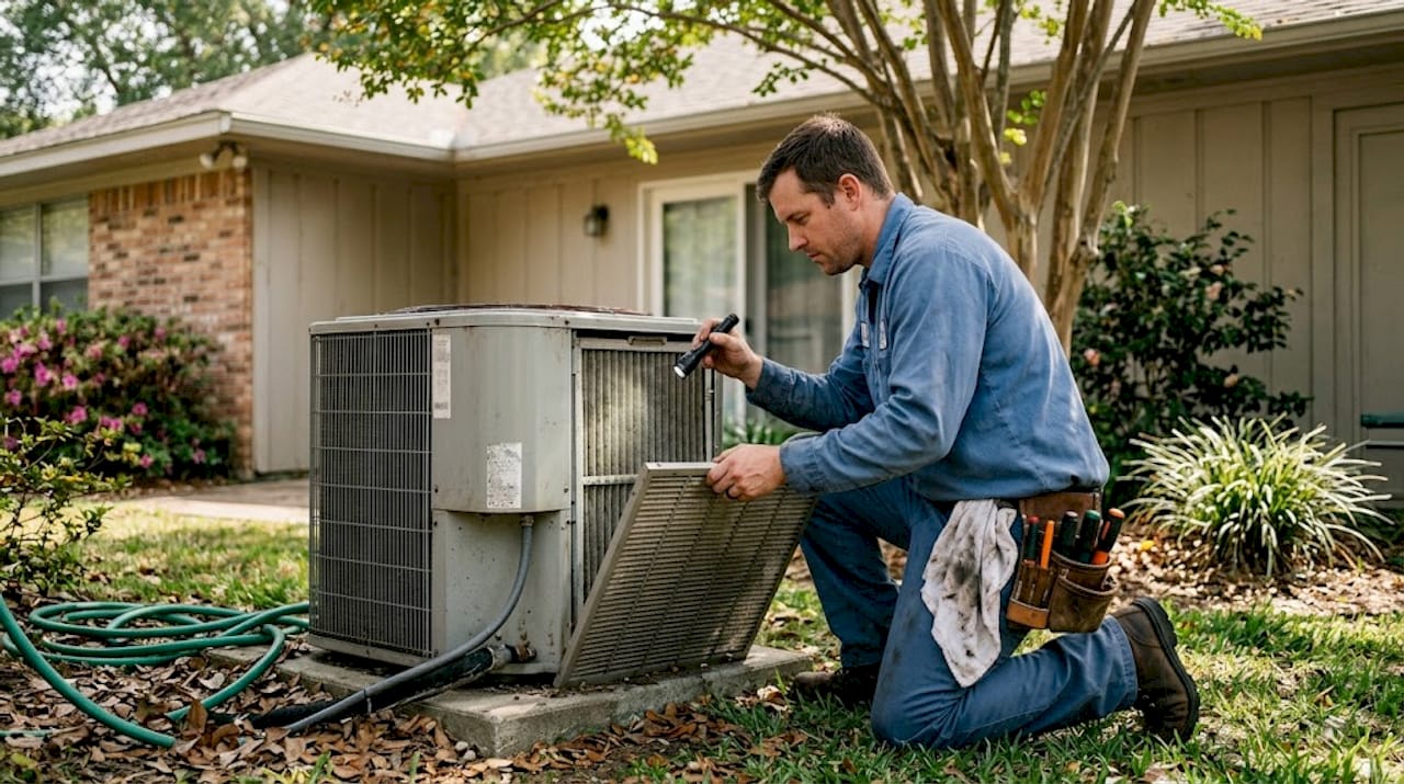 Technician checking outdoor home AC unit