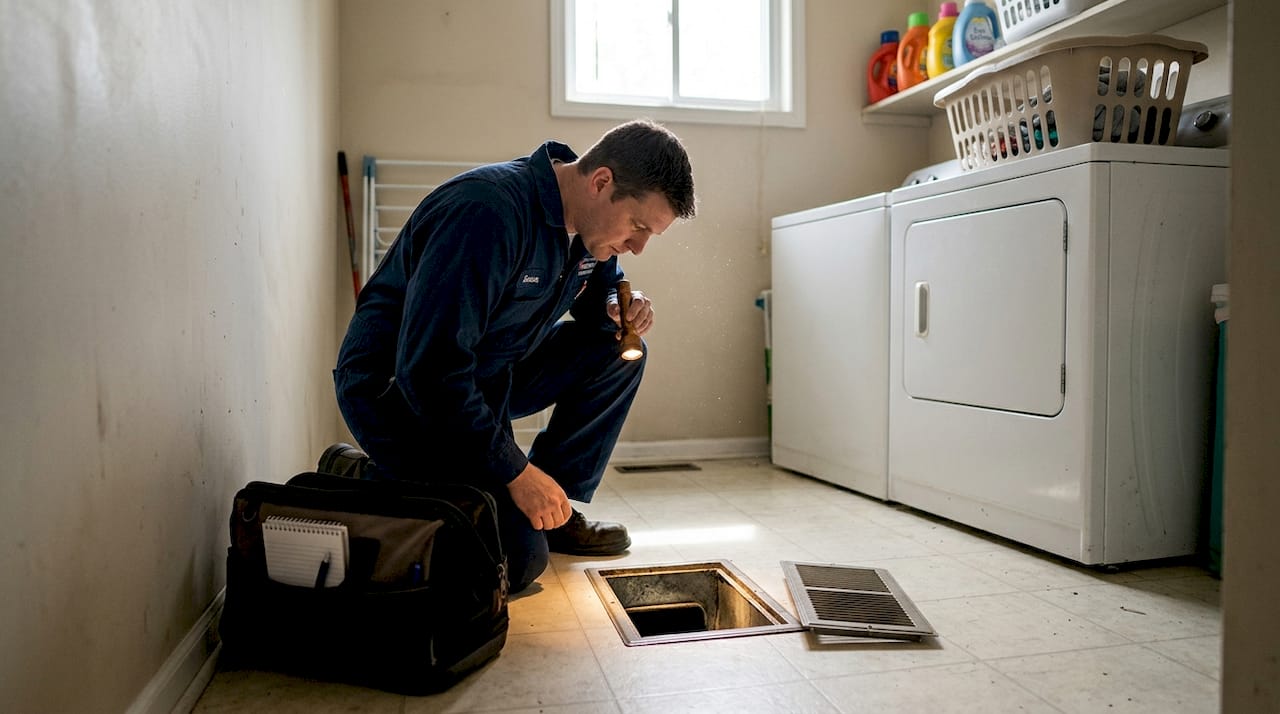 Technician inspecting HVAC ductwork in laundry room