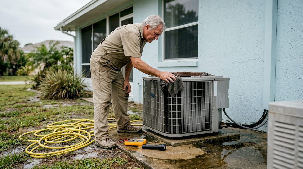 Worker inspects wet AC unit after storm