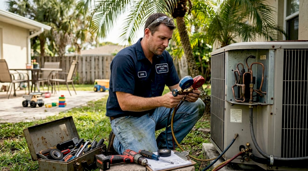 Licensed HVAC pro checks AC unit in backyard