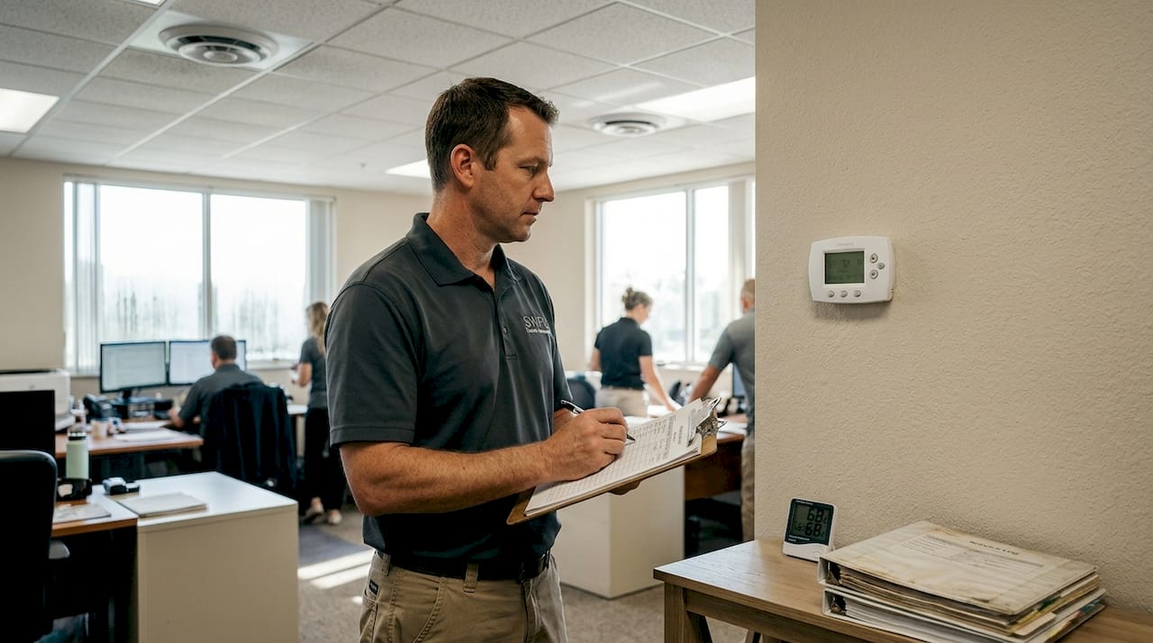Manager checking office AC humidity controls