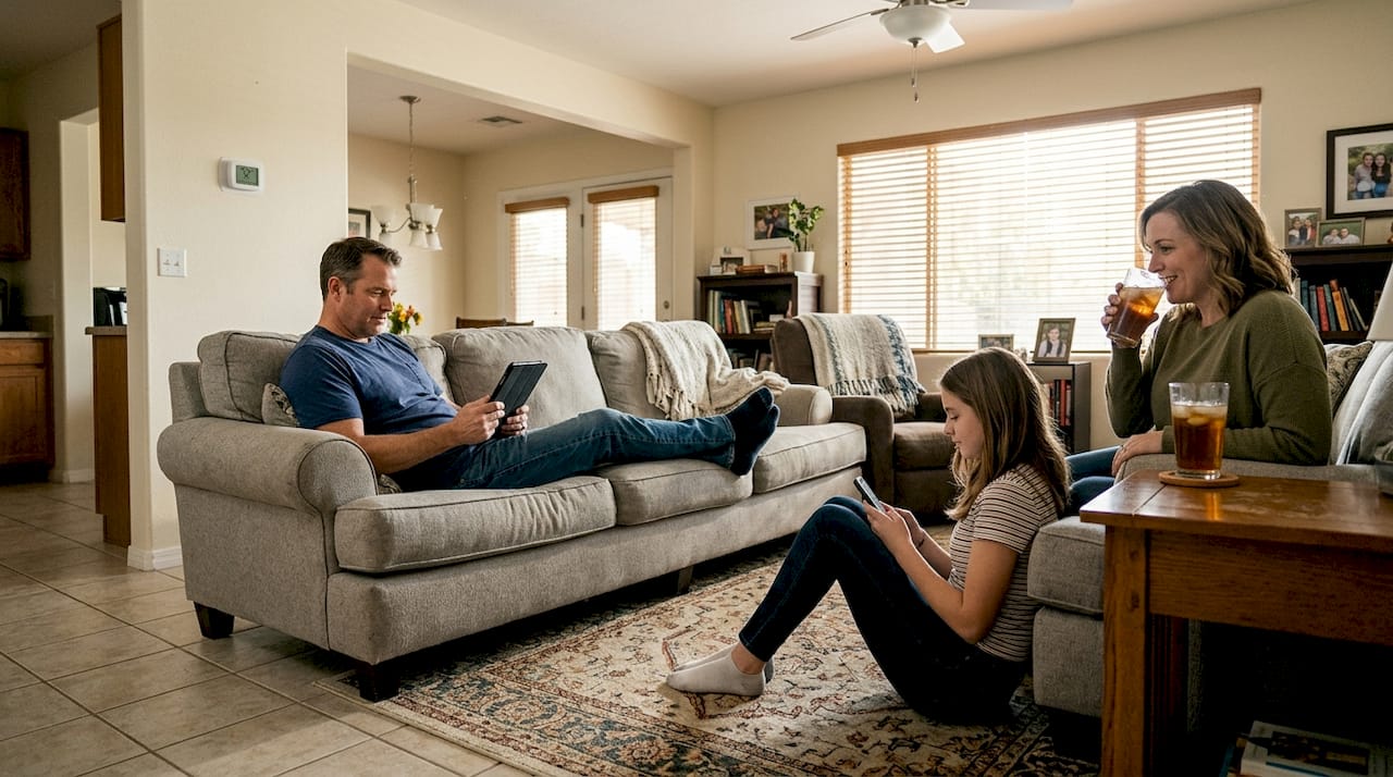 Family enjoying cool air in living room