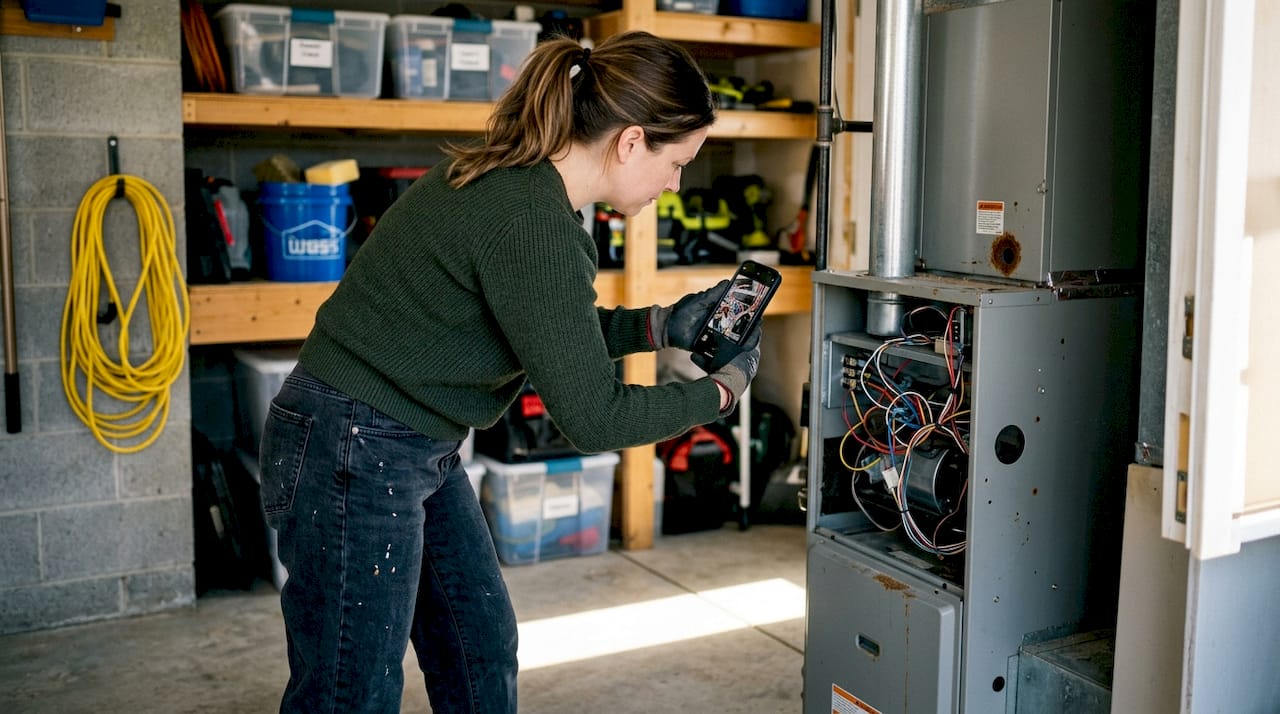 Homeowner photographing heating unit wiring for records