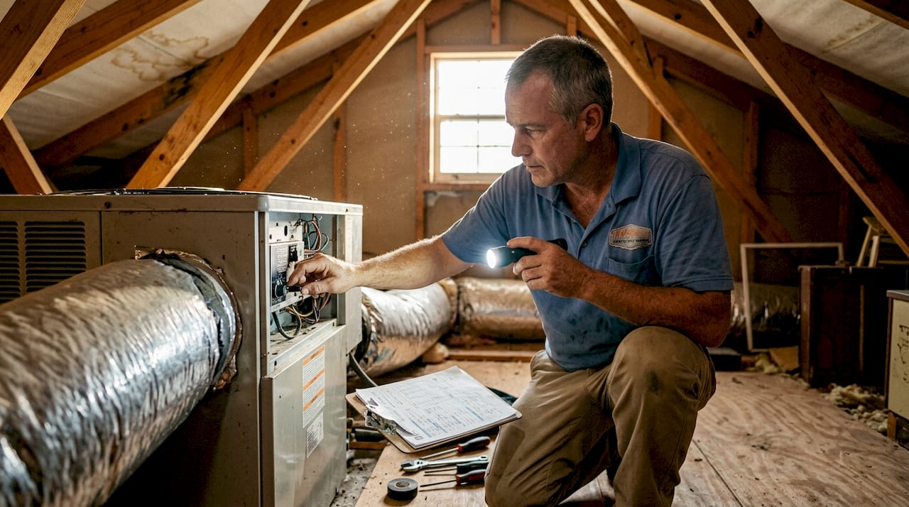 HVAC technician adjusting attic AC unit