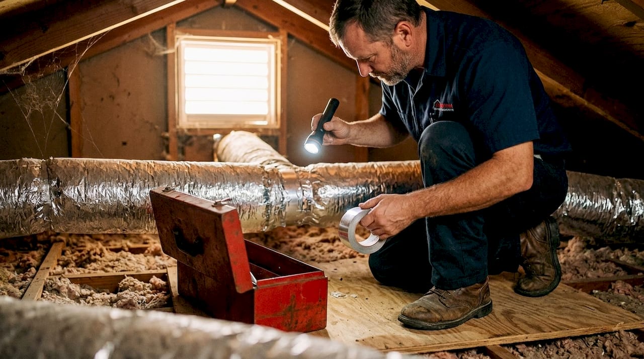 Technician inspects attic ductwork in Florida home