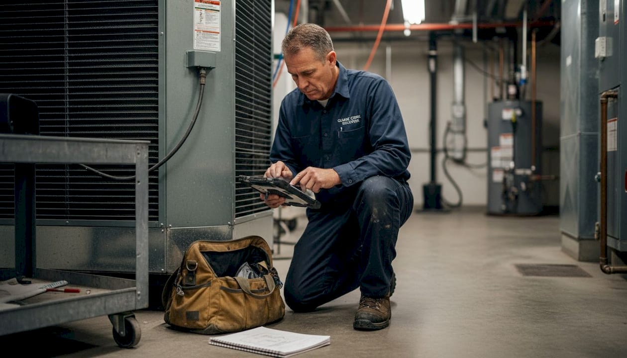 Technician testing HVAC unit with tablet