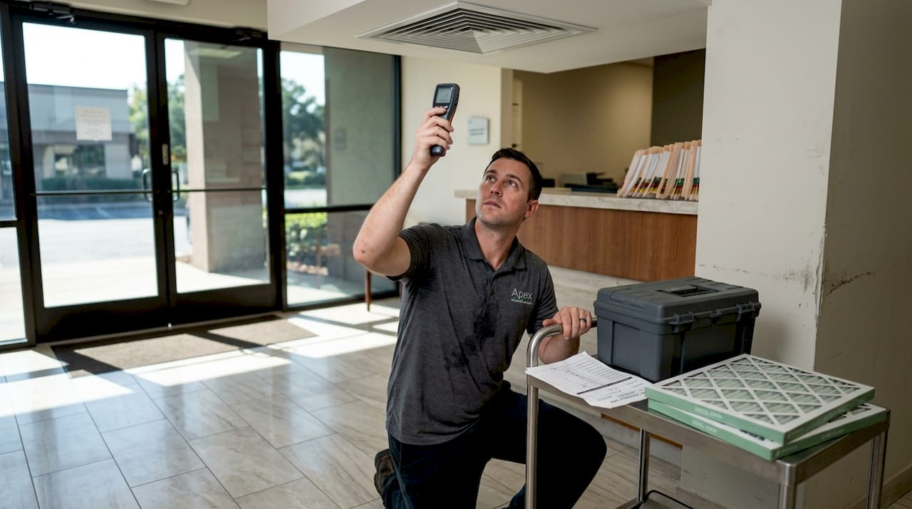 Technician checking commercial HVAC vent airflow indoors