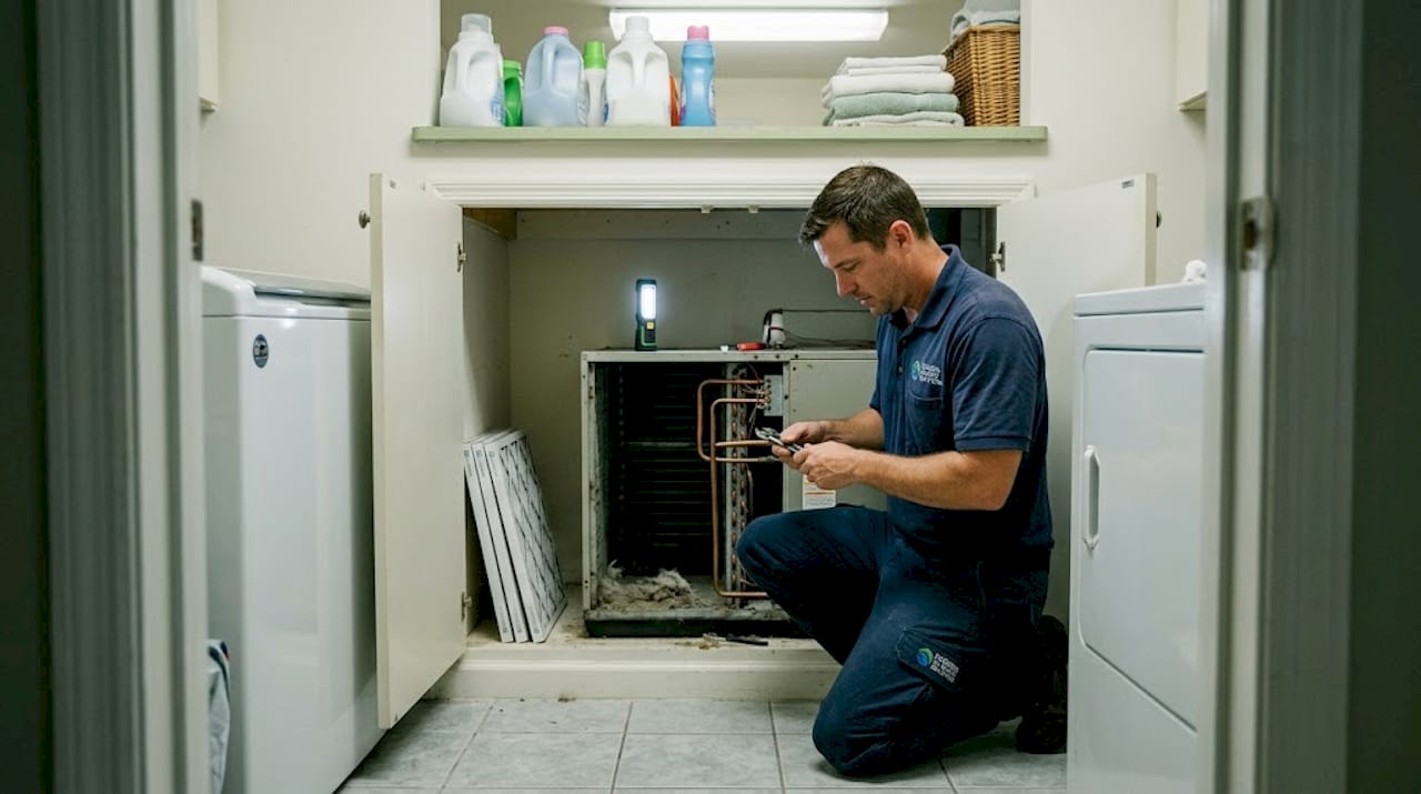 Technician servicing central AC air handler