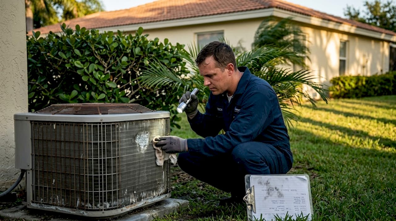 Technician inspects outdoor AC unit for corrosion