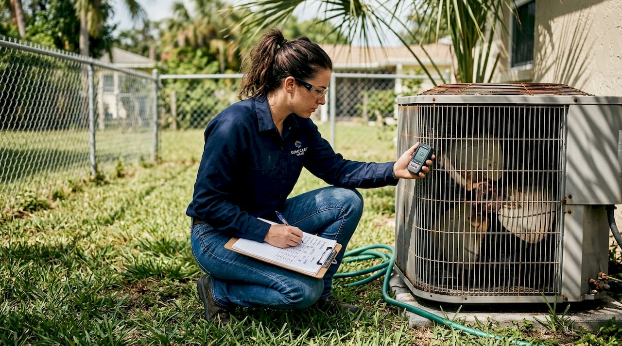 HVAC technician measures humidity by AC unit