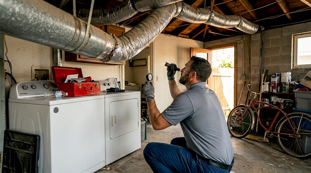 Technician inspecting home ductwork in garage