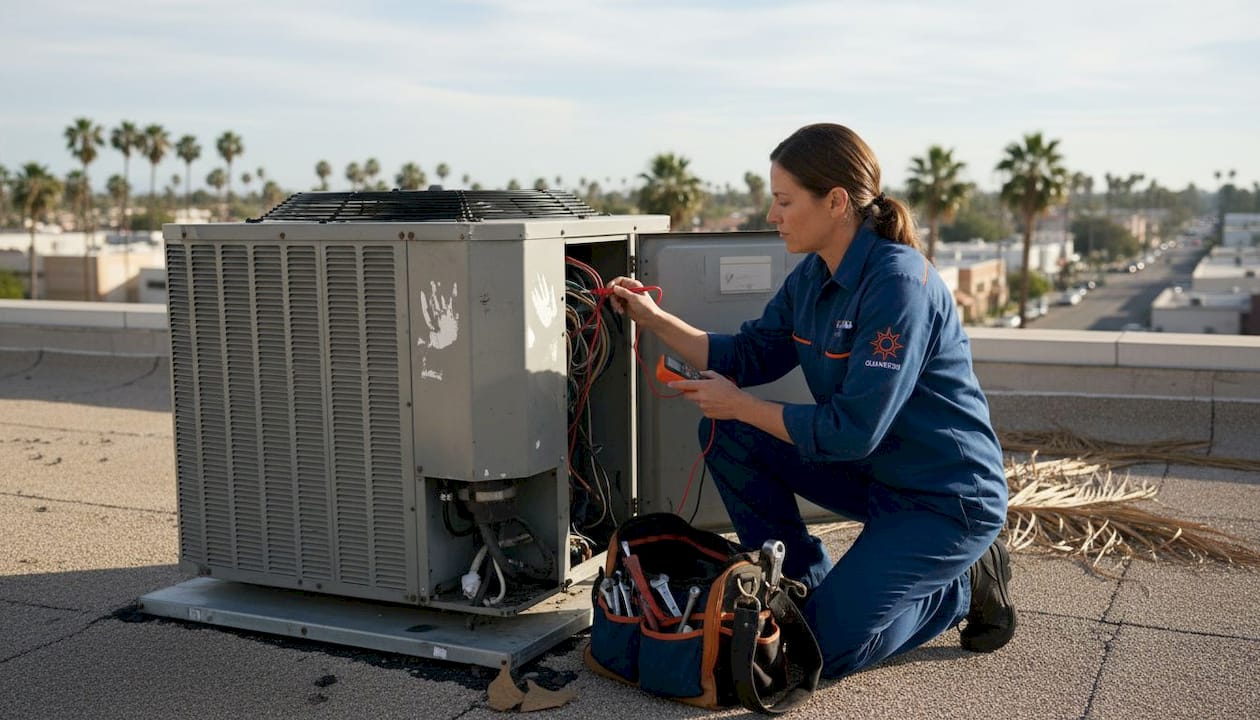 Technician performing AC diagnostics on rooftop in Florida