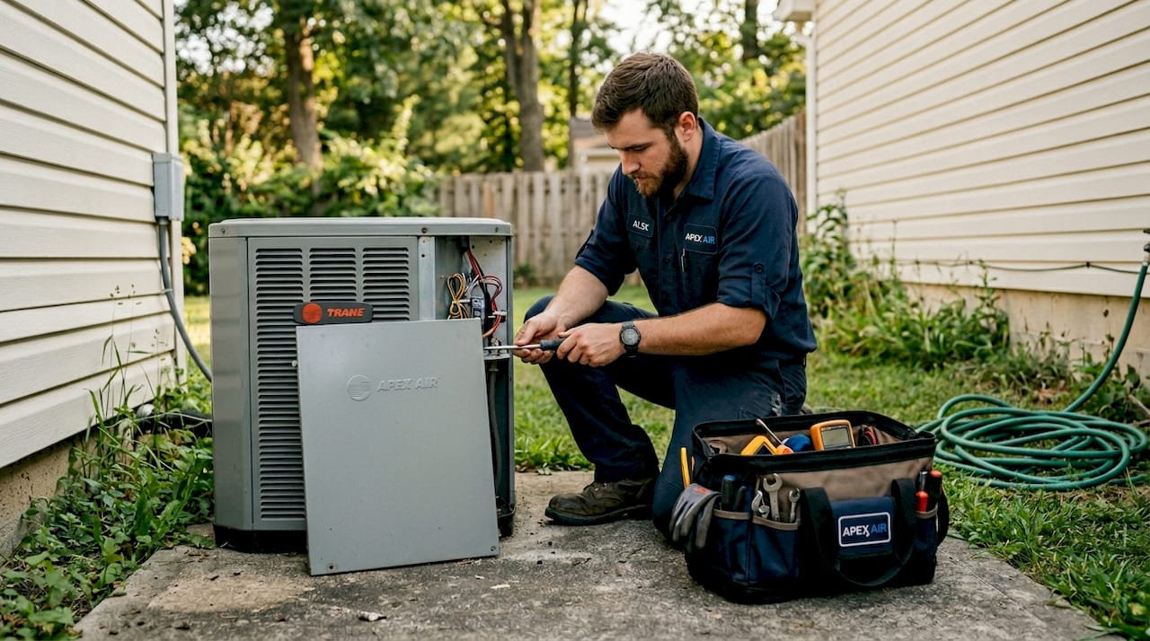AC technician inspects outdoor condenser unit