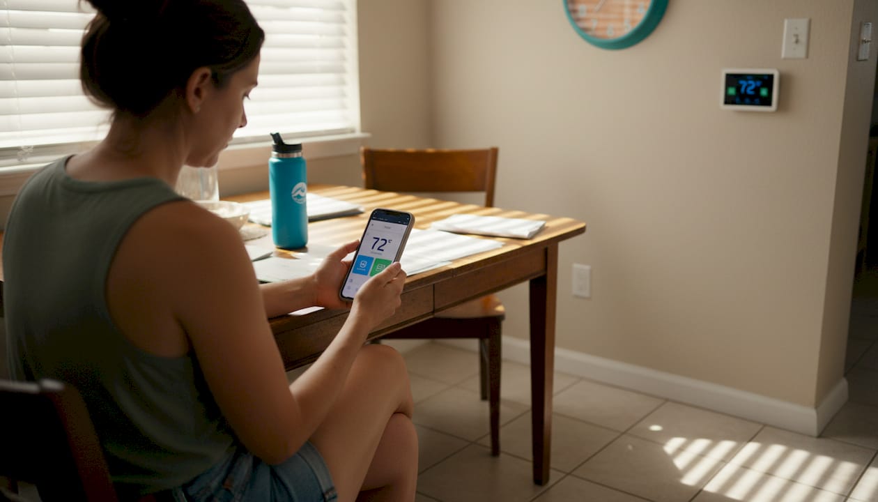 Woman using smartphone for AC control