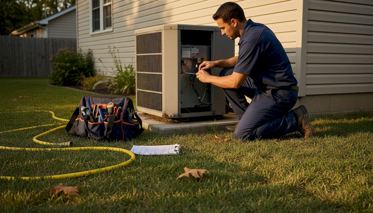 HVAC technician accessing AC compressor outdoors