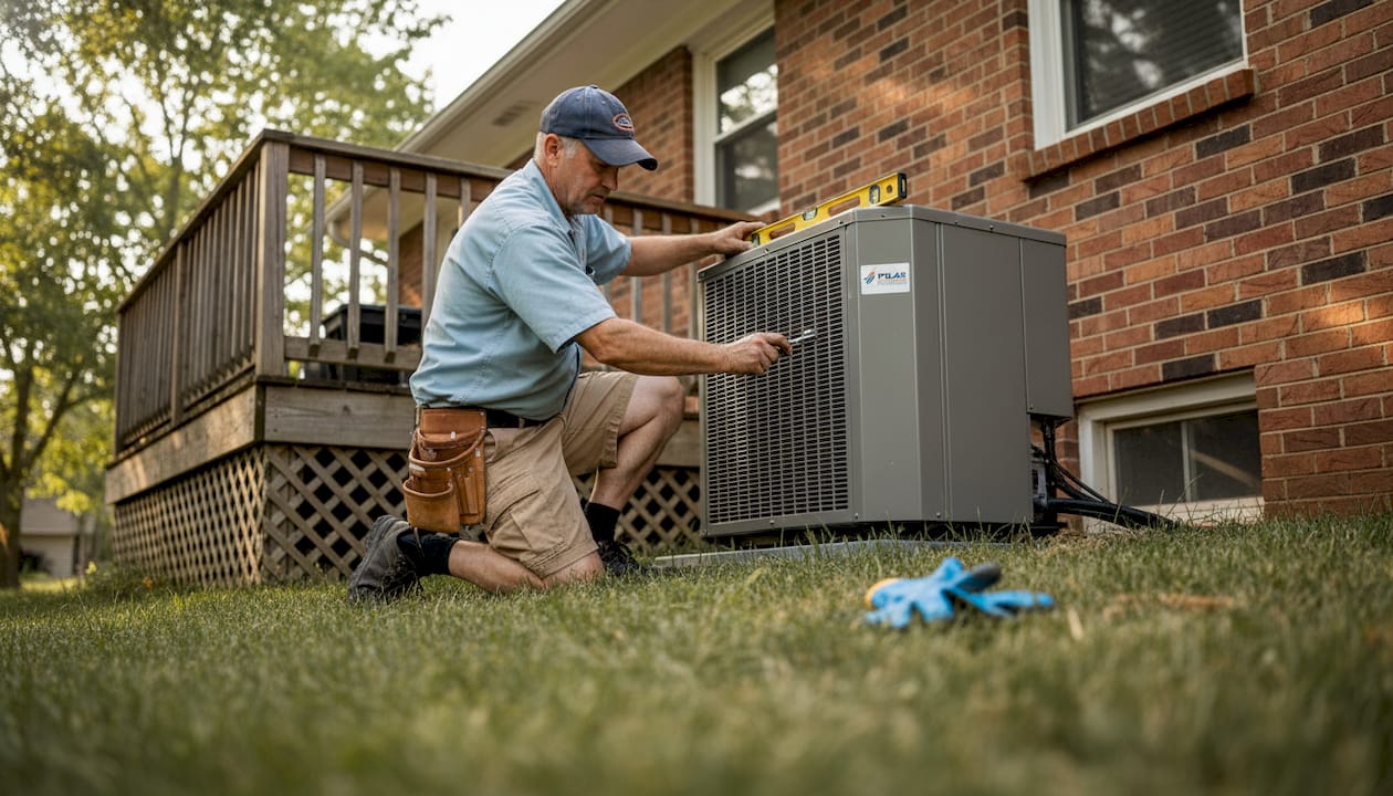 Installer leveling outdoor air conditioner condenser