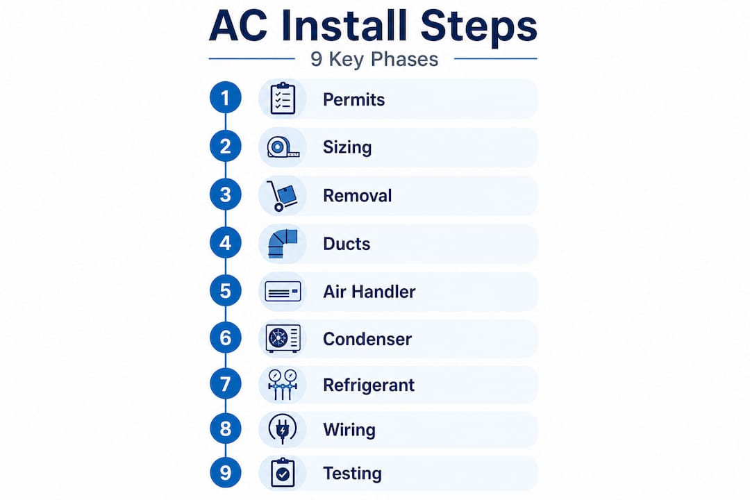 Infographic with 9 key AC installation steps
