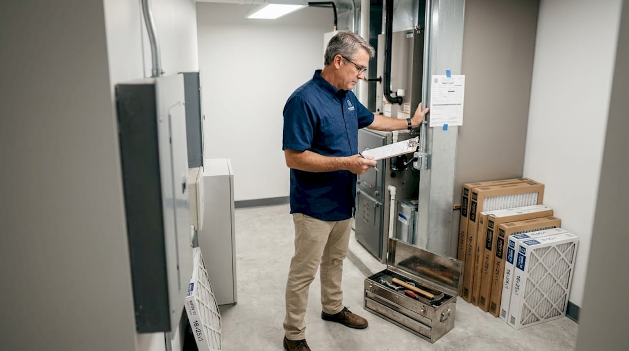 Manager inspecting commercial HVAC installation
