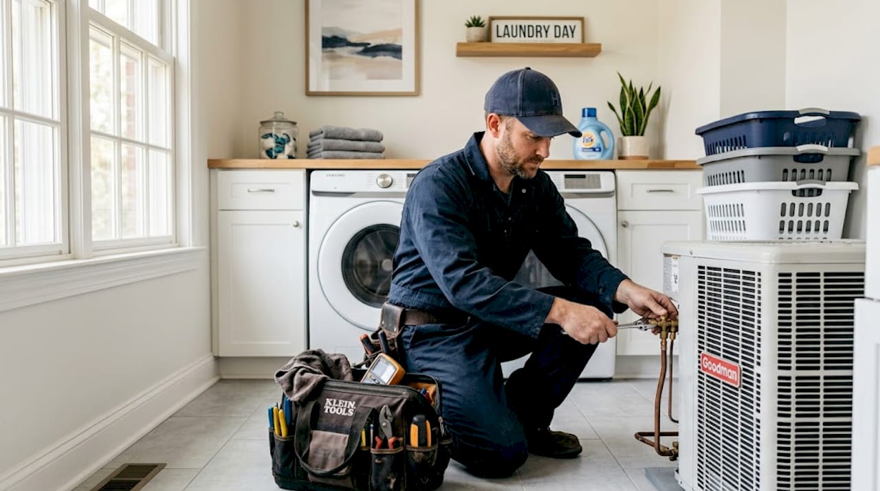 Technician performing AC maintenance in garage