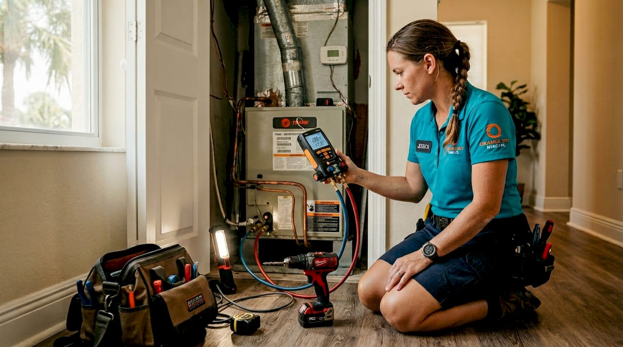 Technician checking HVAC air handler gauge