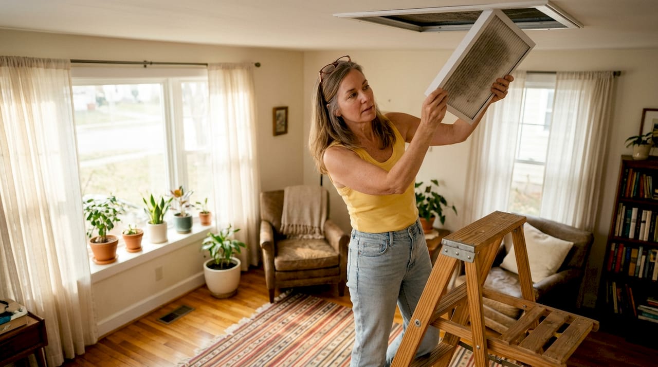 Homeowner replacing ceiling air filter