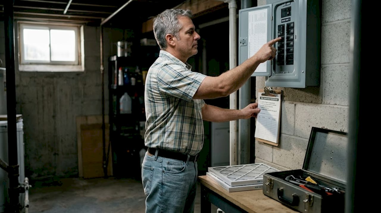 Man turning off HVAC breaker in utility room