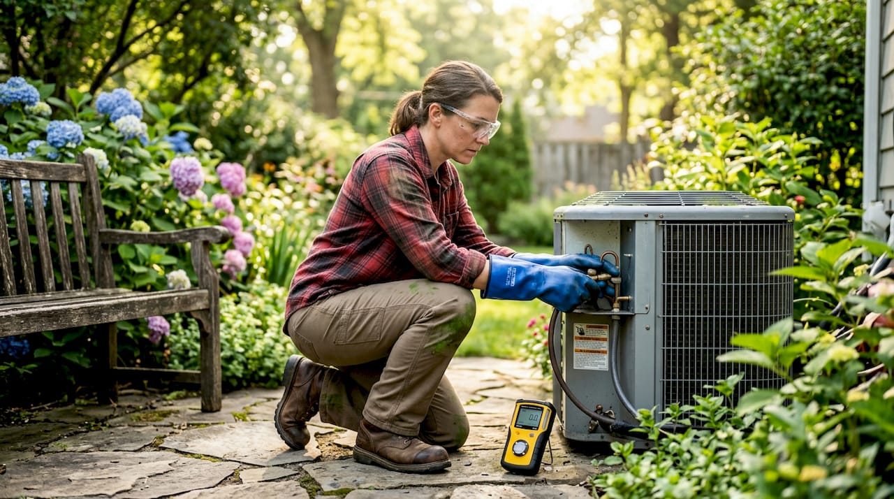 Technician wearing PPE checking HVAC unit