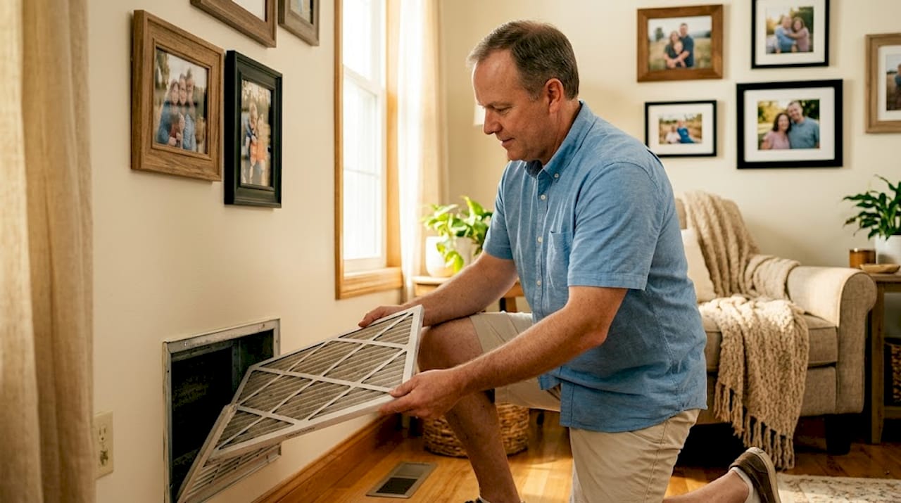 Man replacing air filter in hallway vent