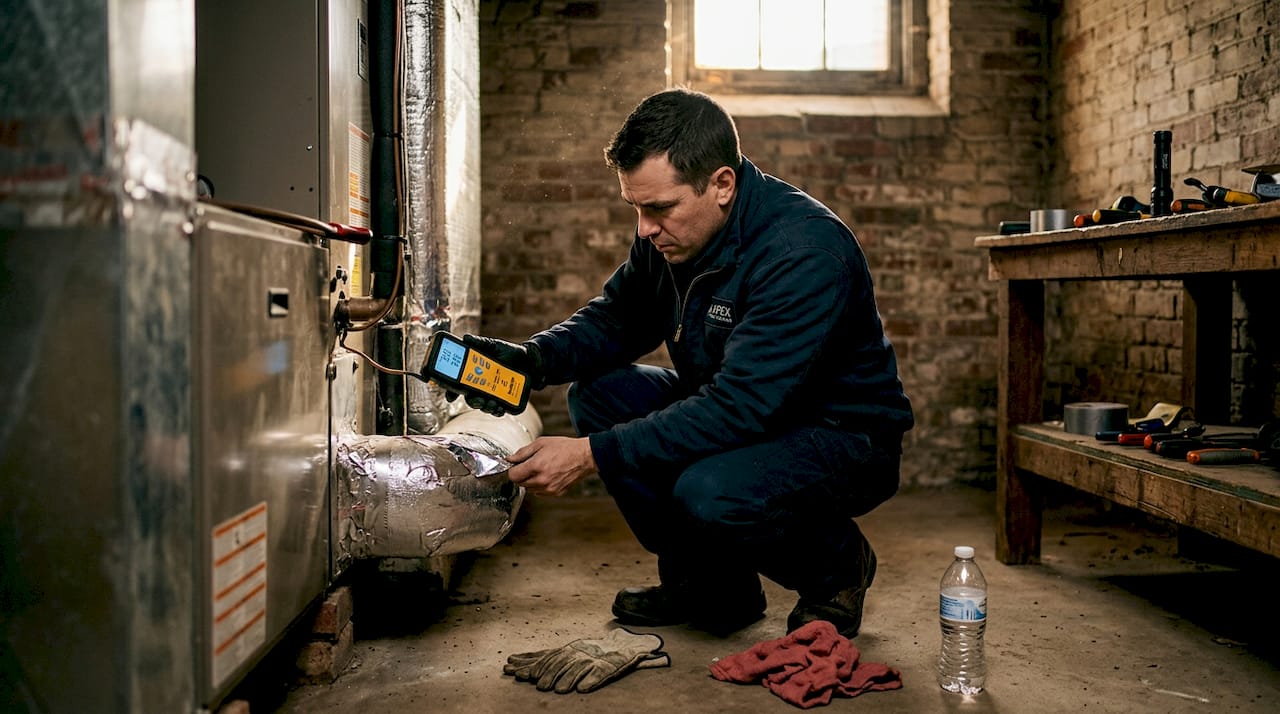 HVAC technician inspecting attic air handler
