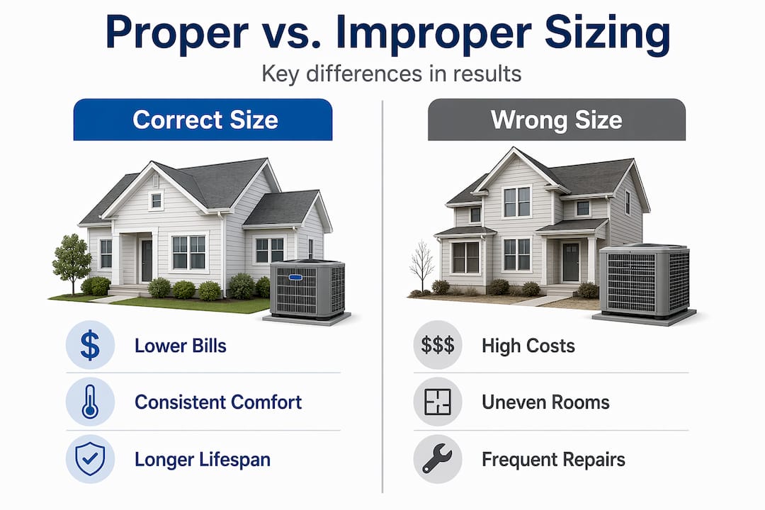 Infographic comparing proper vs improper HVAC sizing