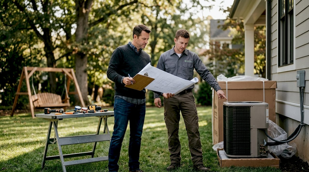 Homeowner and technician discuss AC installation in garage