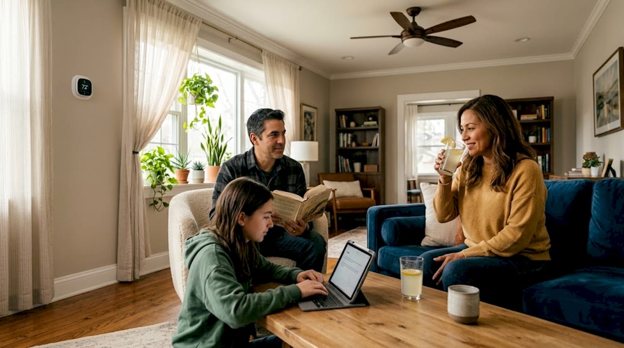 Family enjoys comfortable living room cooling